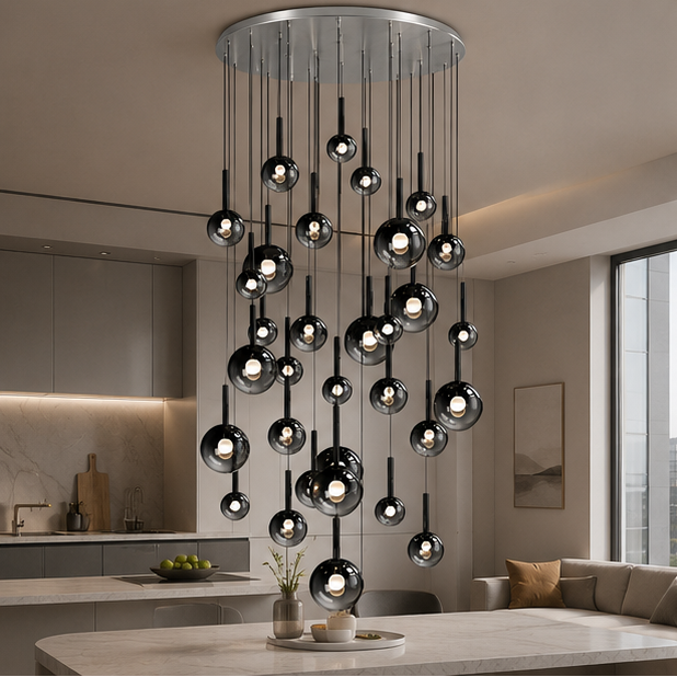 RoyaleGlow Modern Glass Bubble Pendant Chandelier for High Ceilings & Staircases