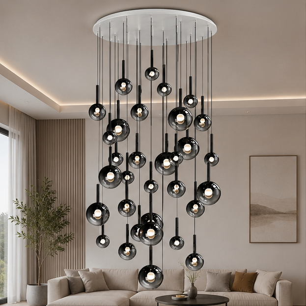 RoyaleGlow Modern Glass Bubble Pendant Chandelier for High Ceilings & Staircases