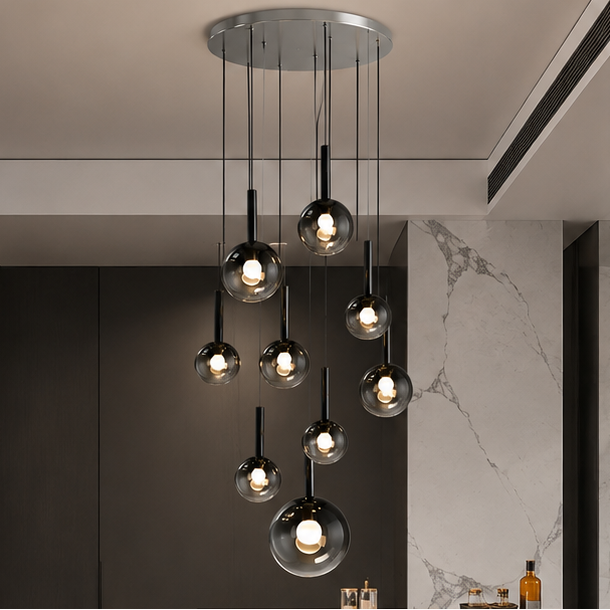 RoyaleGlow Modern Glass Bubble Pendant Chandelier for High Ceilings & Staircases