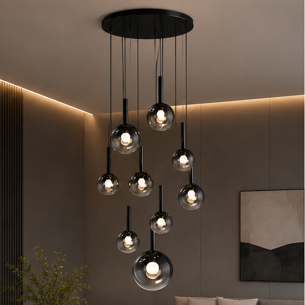 RoyaleGlow Modern Glass Bubble Pendant Chandelier for High Ceilings & Staircases