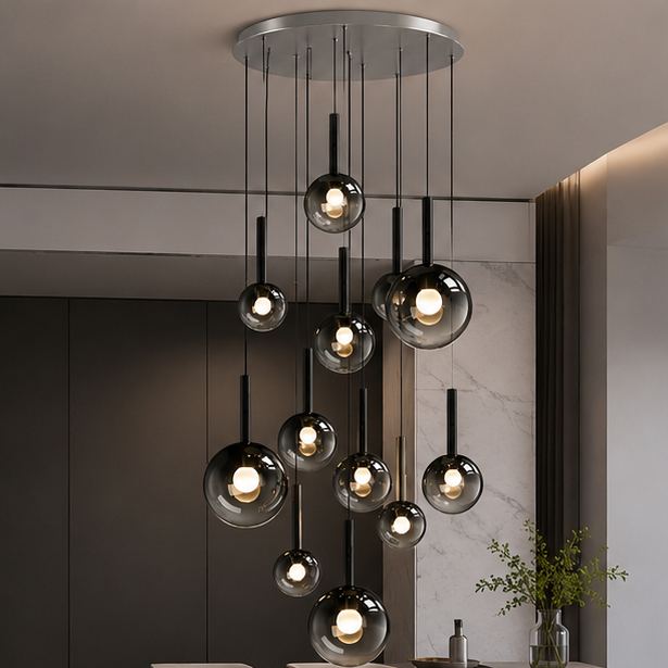 RoyaleGlow Modern Glass Bubble Pendant Chandelier for High Ceilings & Staircases