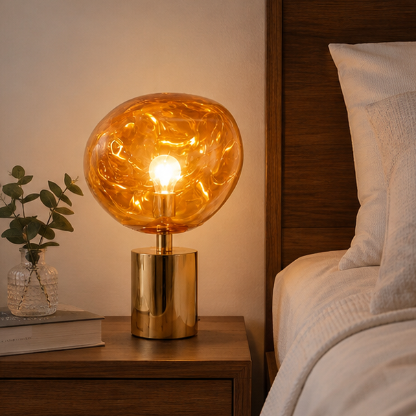 LuxRoyale Amber Glass Table Lamp with Polished Gold Base, Modern Desk Light