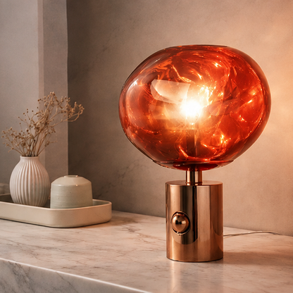 LuxRoyale Amber Glass Table Lamp with Polished Gold Base, Modern Desk Light