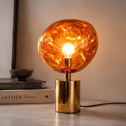 LuxRoyale Amber Glass Table Lamp with Polished Gold Base, Modern Desk Light