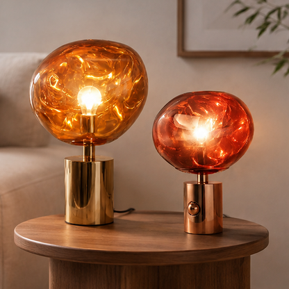 LuxRoyale Amber Glass Table Lamp with Polished Gold Base, Modern Desk Light