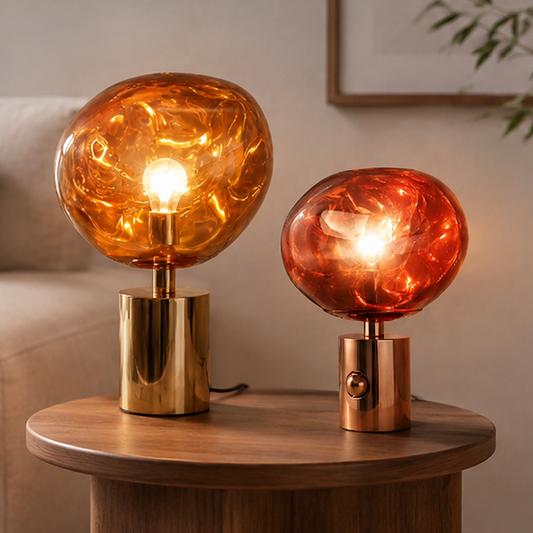 LuxRoyale Amber Glass Table Lamp with Polished Gold Base, Modern Desk Light