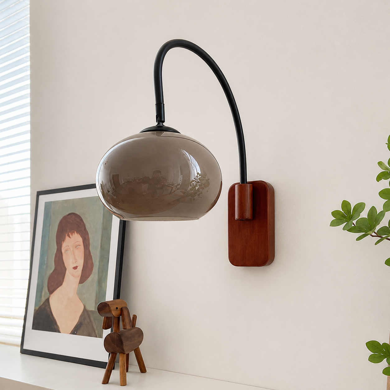 Royelux Solid Wood Wall Sconce with Amber Glass Shade for Bedroom & Living Room
