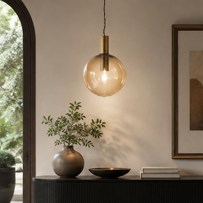 LuxRoyale Modern Blown Glass Pendant Light - Spherical Gold Tinted Hanging Lamp