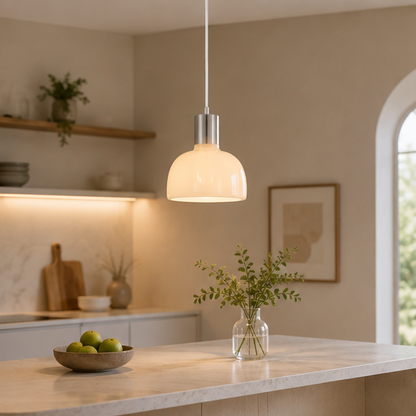 RoyaleGlow Mid-Century Modern Dome Pendant Light - White Multi-Lobe Blown Glass