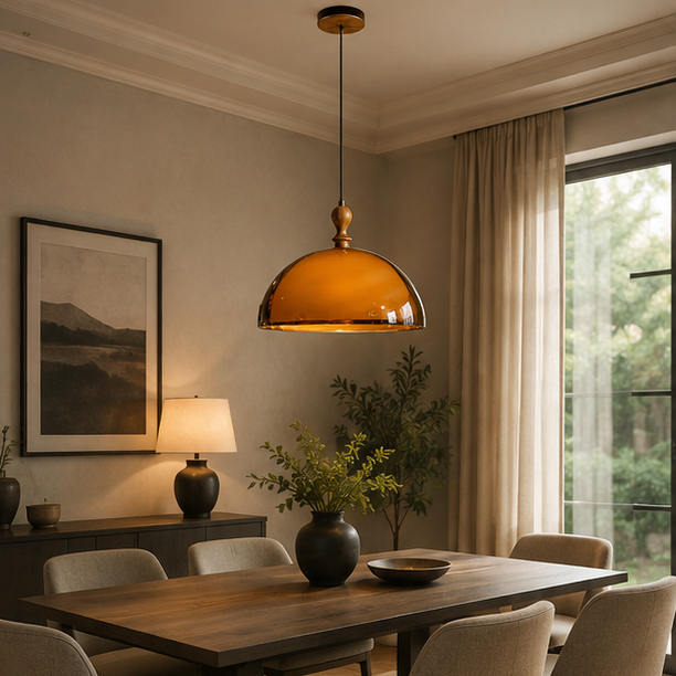 RoyaleGlow Mid-Century Amber Glass Dome Pendant Light with Wood Accents