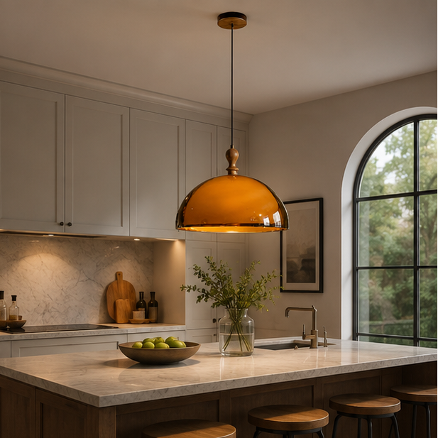 RoyaleGlow Mid-Century Amber Glass Dome Pendant Light with Wood Accents