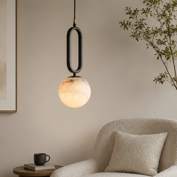 RoyaleGlow Alabaster Globe Pendant Light with Matte Black Loop Frame