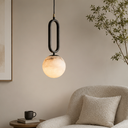 RoyaleGlow Alabaster Globe Pendant Light with Matte Black Loop Frame