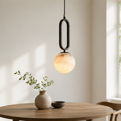 RoyaleGlow Alabaster Globe Pendant Light with Matte Black Loop Frame