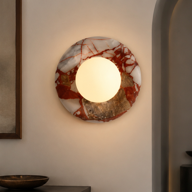 LuxRoyale Travertine Wall Sconce with Frosted Glass Orb for Modern Interiors