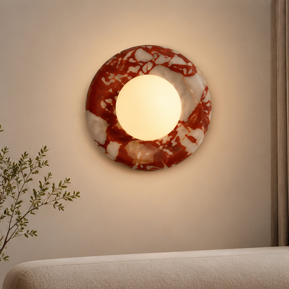 LuxRoyale Travertine Wall Sconce with Frosted Glass Orb for Modern Interiors