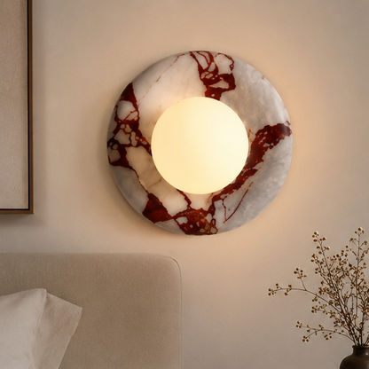 LuxRoyale Travertine Wall Sconce with Frosted Glass Orb for Modern Interiors
