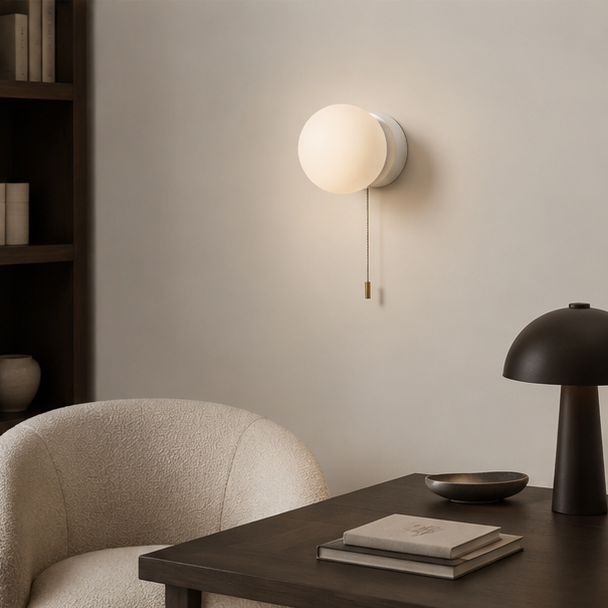 LuxRoyale Modern Globe Wall Sconce with Pull Chain, Frosted Glass LED Light