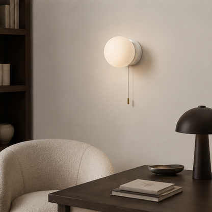 LuxRoyale Modern Globe Wall Sconce with Pull Chain, Frosted Glass LED Light