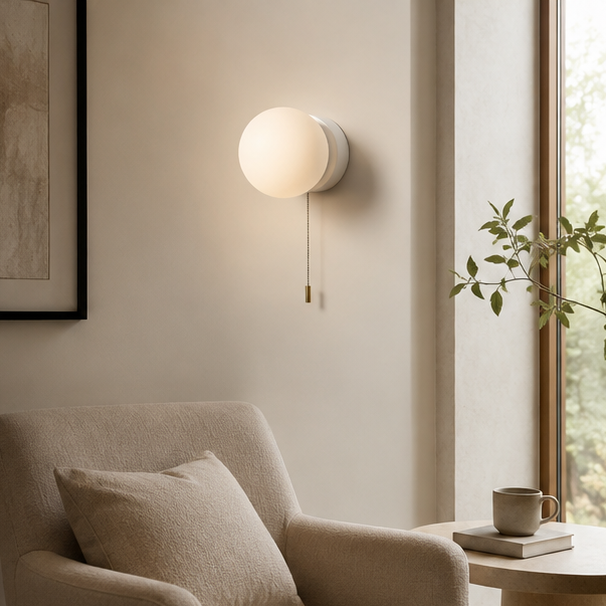 LuxRoyale Modern Globe Wall Sconce with Pull Chain, Frosted Glass LED Light