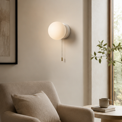 LuxRoyale Modern Globe Wall Sconce with Pull Chain, Frosted Glass LED Light