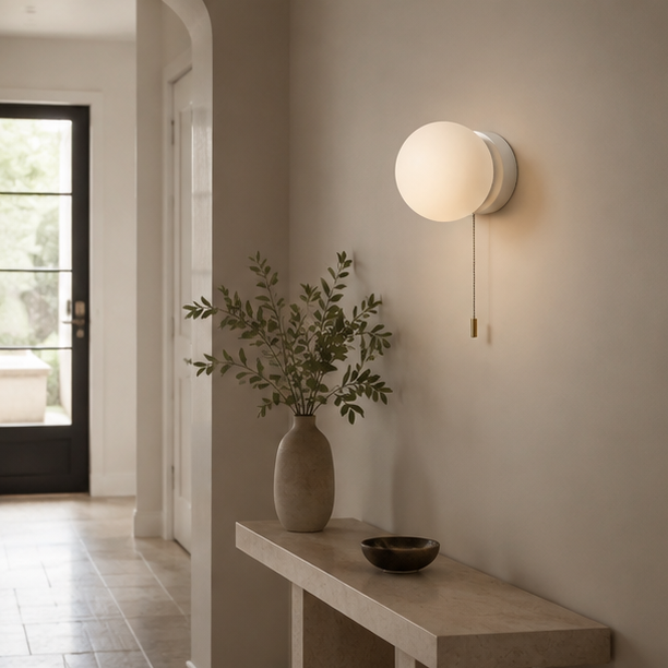 LuxRoyale Modern Globe Wall Sconce with Pull Chain, Frosted Glass LED Light