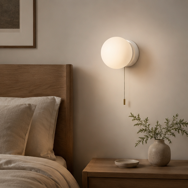 LuxRoyale Modern Globe Wall Sconce with Pull Chain, Frosted Glass LED Light