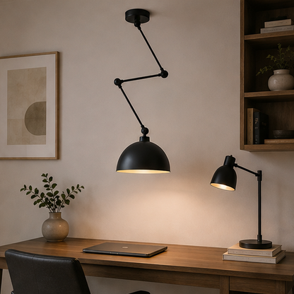 RoyaleGlow Adjustable Modern Dome Pendant Light - Black Folding Arm Ceiling Fixture