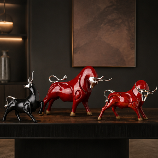 RoyaleGlow Red Charging Bull Sculpture - Modern Resin Finance Decor for Office & Home
