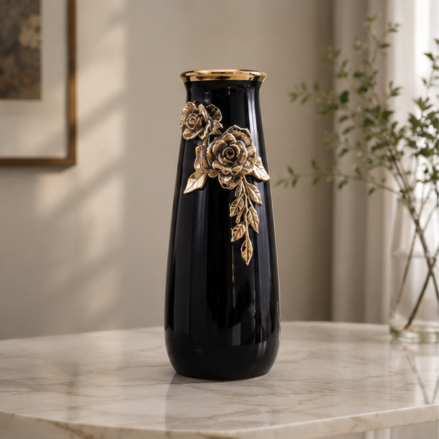 LuxRoyale Black & White Ceramic Vase - Elegant 26cm Floral Decor