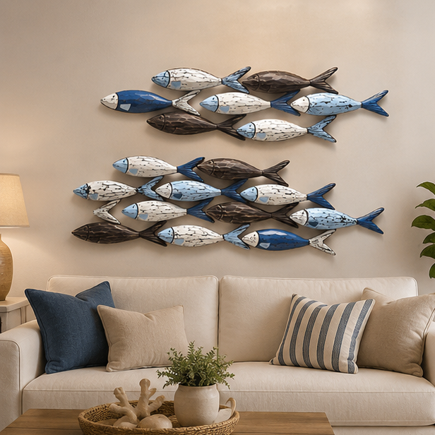 Royelux Coastal Wooden Fish Wall Art Decor,  Hand-Painted Rustic Ocean Scene