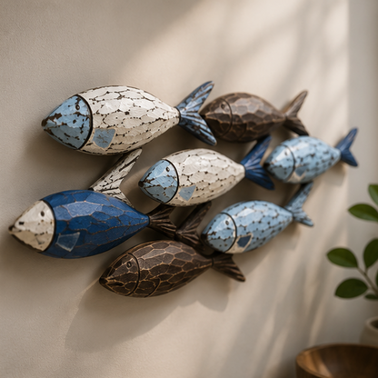 Royelux Coastal Wooden Fish Wall Art Decor,  Hand-Painted Rustic Ocean Scene
