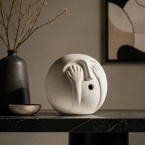 RoyaleGlow Abstract Ceramic Face Sculpture - Modern Minimalist Art Decor 15cm