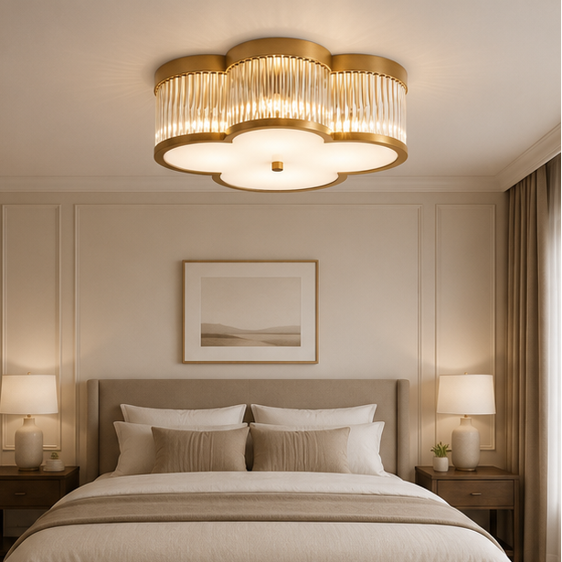 RoyaleGlow Clover Gold 4-Light Flush Mount Ceiling Light with Clear Glass Rods
