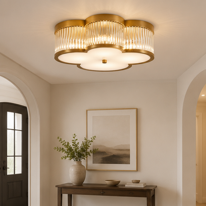 RoyaleGlow Clover Gold 4-Light Flush Mount Ceiling Light with Clear Glass Rods
