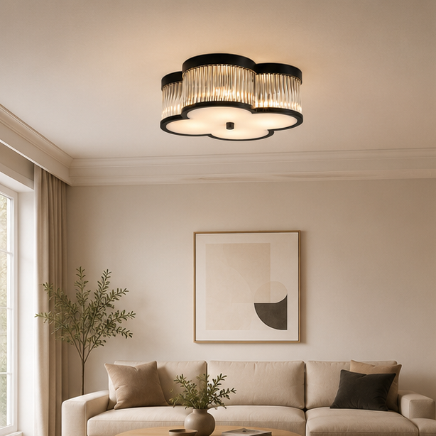 RoyaleGlow Clover Gold 4-Light Flush Mount Ceiling Light with Clear Glass Rods