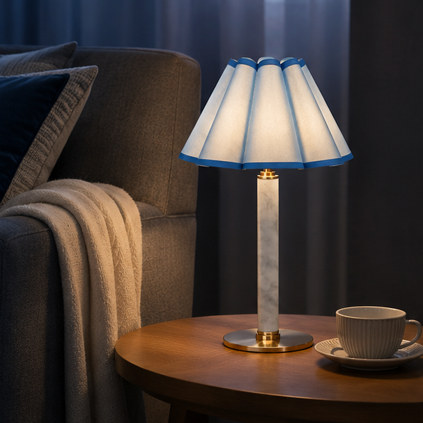RoyaleGlow Cordless Alabaster Table Lamp - Dimmable LED & Cone Fabric Shade