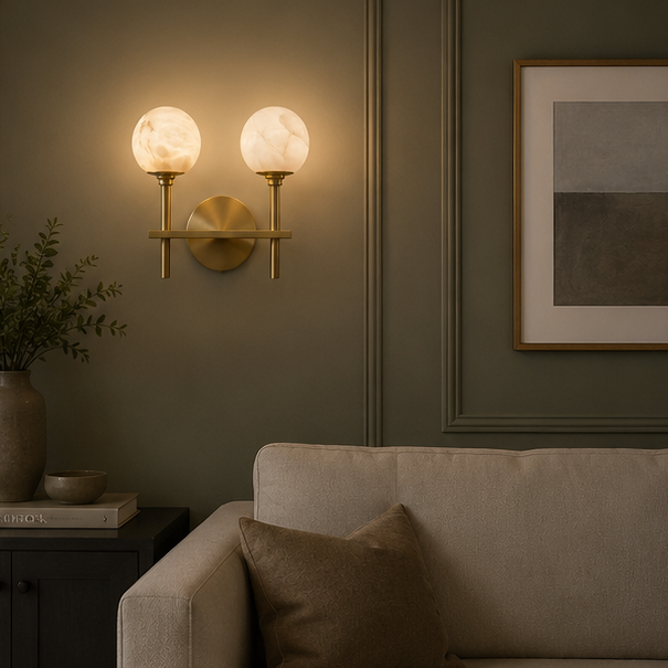 Royelux Modern Brass & Alabaster Globe Wall Sconce for Bedroom & Living Room.