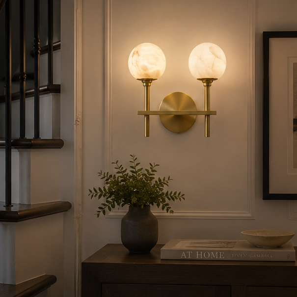 Royelux Modern Brass & Alabaster Globe Wall Sconce for Bedroom & Living Room.