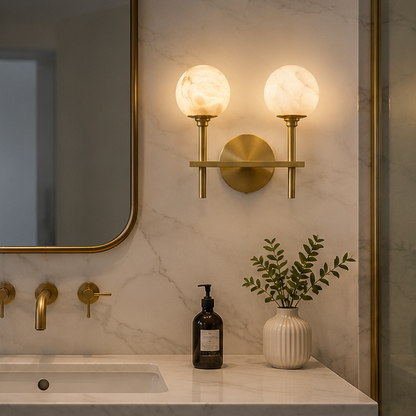 Royelux Modern Brass & Alabaster Globe Wall Sconce for Bedroom & Living Room.