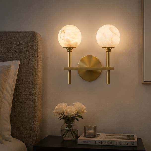 Royelux Modern Brass & Alabaster Globe Wall Sconce for Bedroom & Living Room.