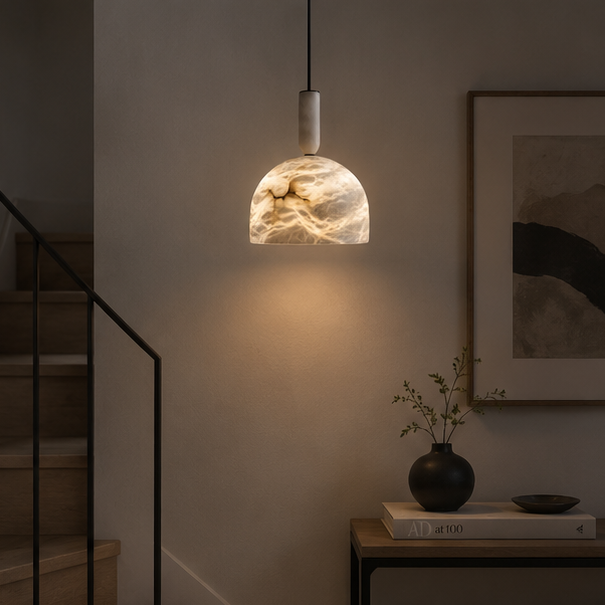 RoyaleGlow Modern Alabaster Pendant Light - Natural Stone & Copper Hanging Lamp
