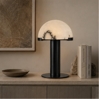 RoyaleGlow Dimmable Alabaster & Metal LED Table Lamp for Bedroom & Living Room