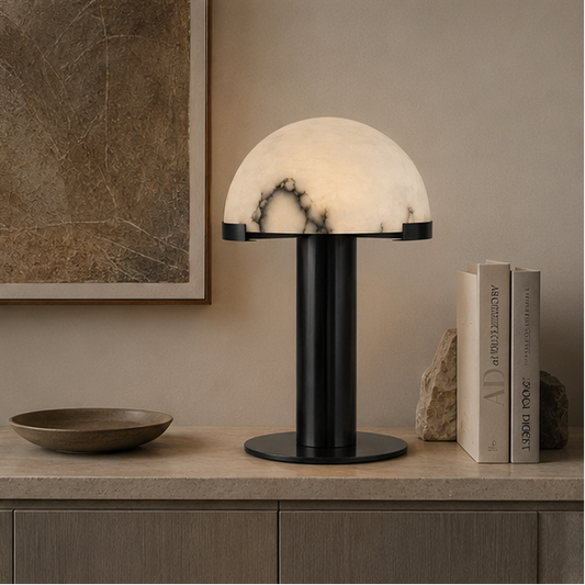 RoyaleGlow Dimmable Alabaster & Metal LED Table Lamp for Bedroom & Living Room