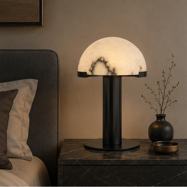 RoyaleGlow Dimmable Alabaster & Metal LED Table Lamp for Bedroom & Living Room