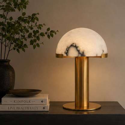RoyaleGlow Dimmable Alabaster & Metal LED Table Lamp for Bedroom & Living Room