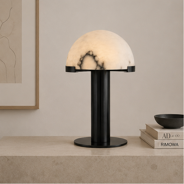 RoyaleGlow Dimmable Alabaster & Metal LED Table Lamp for Bedroom & Living Room