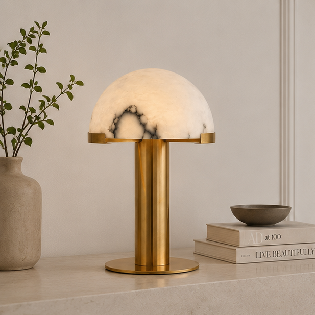 RoyaleGlow Dimmable Alabaster & Metal LED Table Lamp for Bedroom & Living Room
