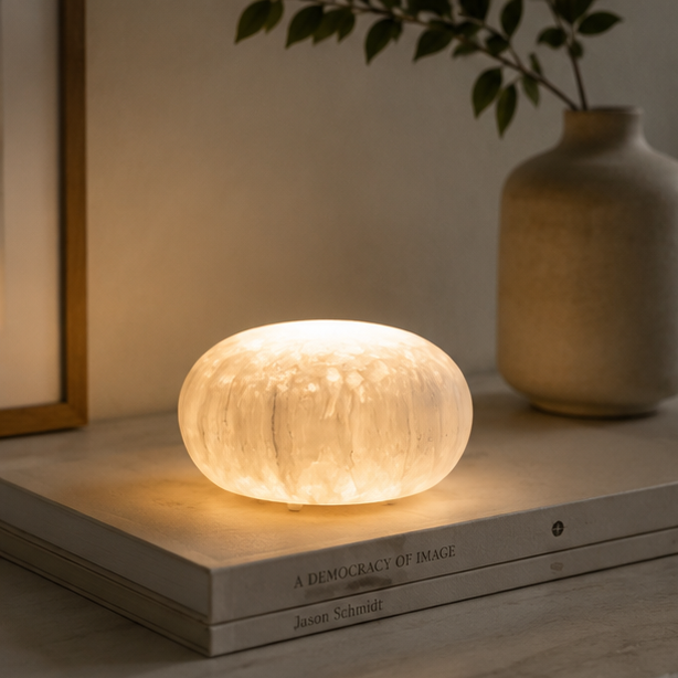 RoyaleGlow Rechargeable Selenite Crystal Lamp for Peaceful Home & Office Decor