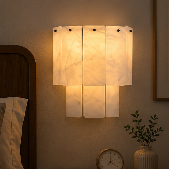 RoyaleGlow Modern Alabaster Wall Sconce - Luxury Layered Stone LED Light for Living Room